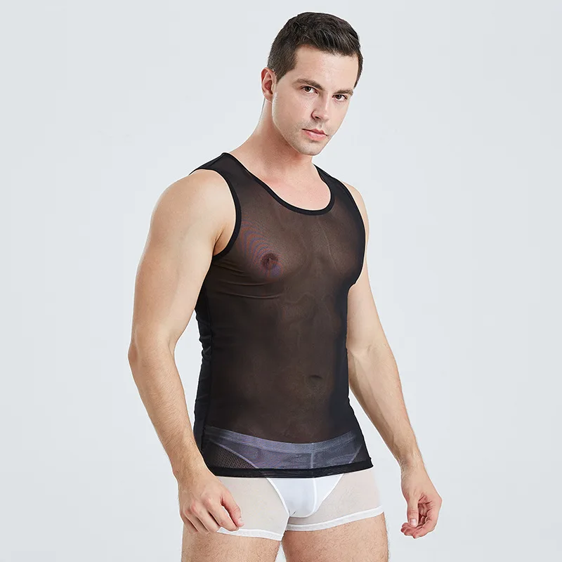

Sexy Men Gay Singlet Transparent Undershirt See Though Sleeveless Shirt Breathable Bodybuilding Fitness Vest Tank Top Mesh