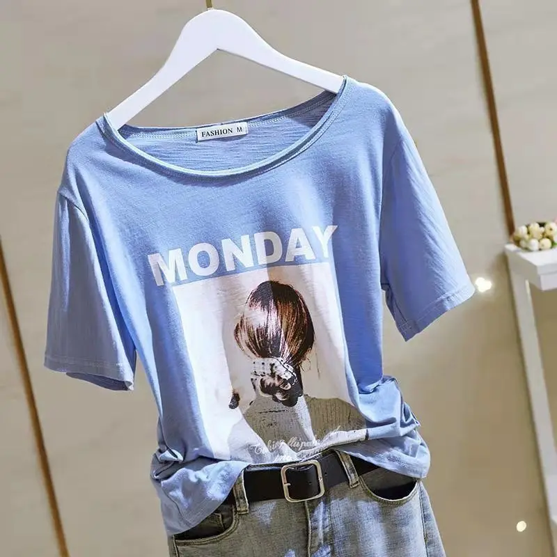 Cotton short sleeve T-shirt women's 2021 new slubby cotton round neck letter print versatile slim and loose top 
Cotton short sleeve T-shirt women's 2021 new slubby cotton round neck letter print versatile slim and loose top