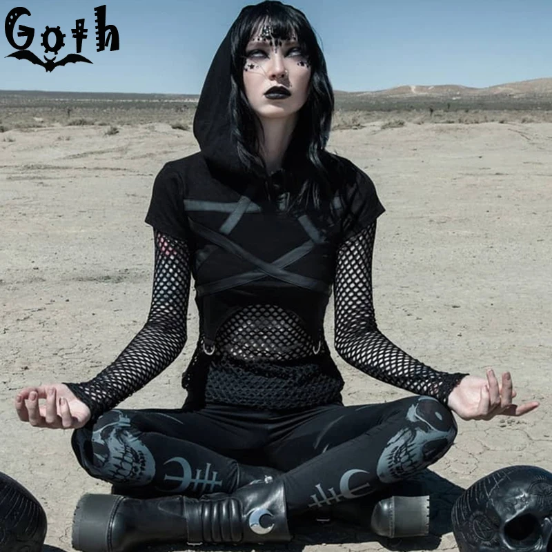 Женские готические футболки Goth черные сетчатые с принтом пентаграммы и длинным