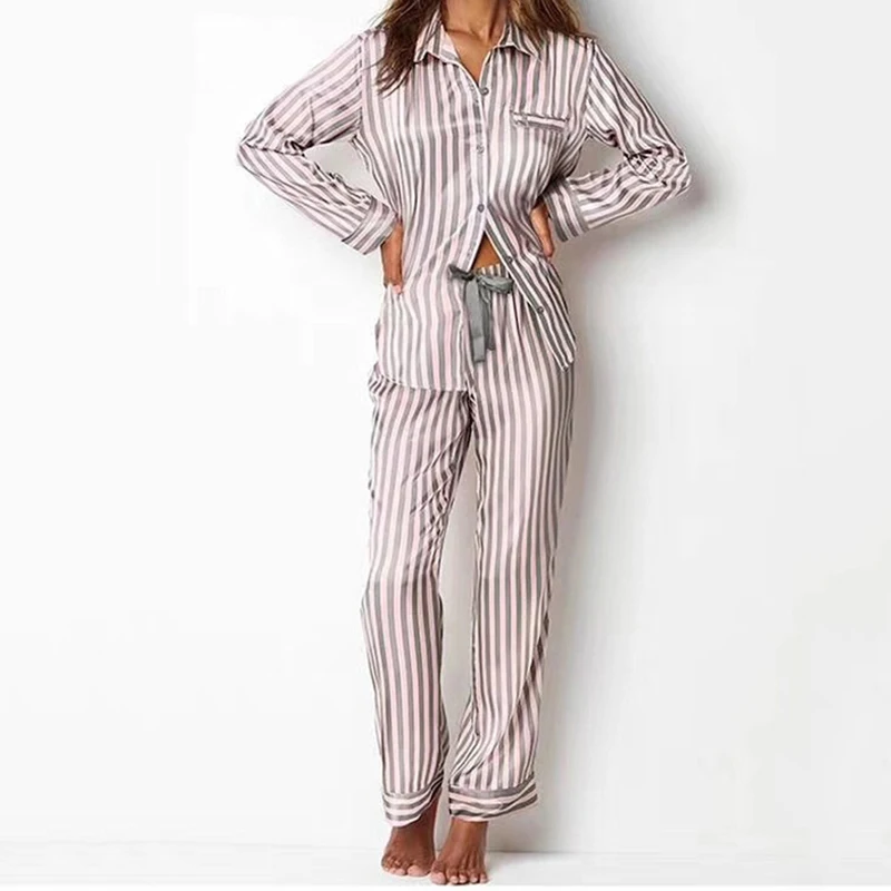 Long Sleeved Satin Pajamas for Women Striped Sleepwear Pyjamas Set Winter Autumn Pjamas Lounge Wear Homewear Dropshipping 
Long Sleeved Satin Pajamas for Women Striped Sleepwear Pyjamas Set Winter Autumn Pjamas Lounge Wear Homewear Dropshipping