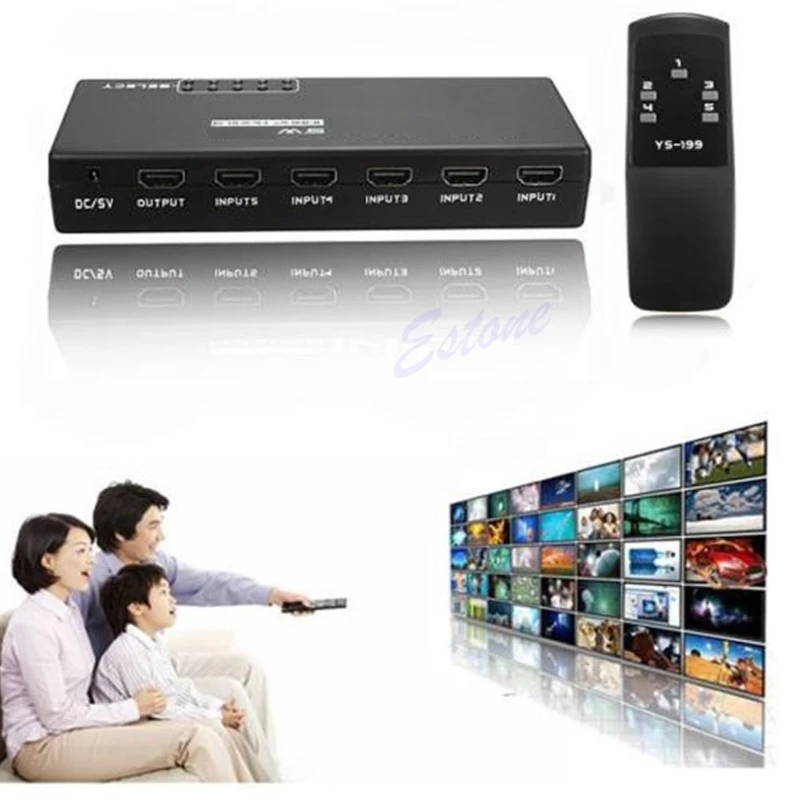 

Remote 5 Ports 1080P Switch Switcher Selector Splitter HDMI-compatible For HDTV PS3 DVD STB K3NB