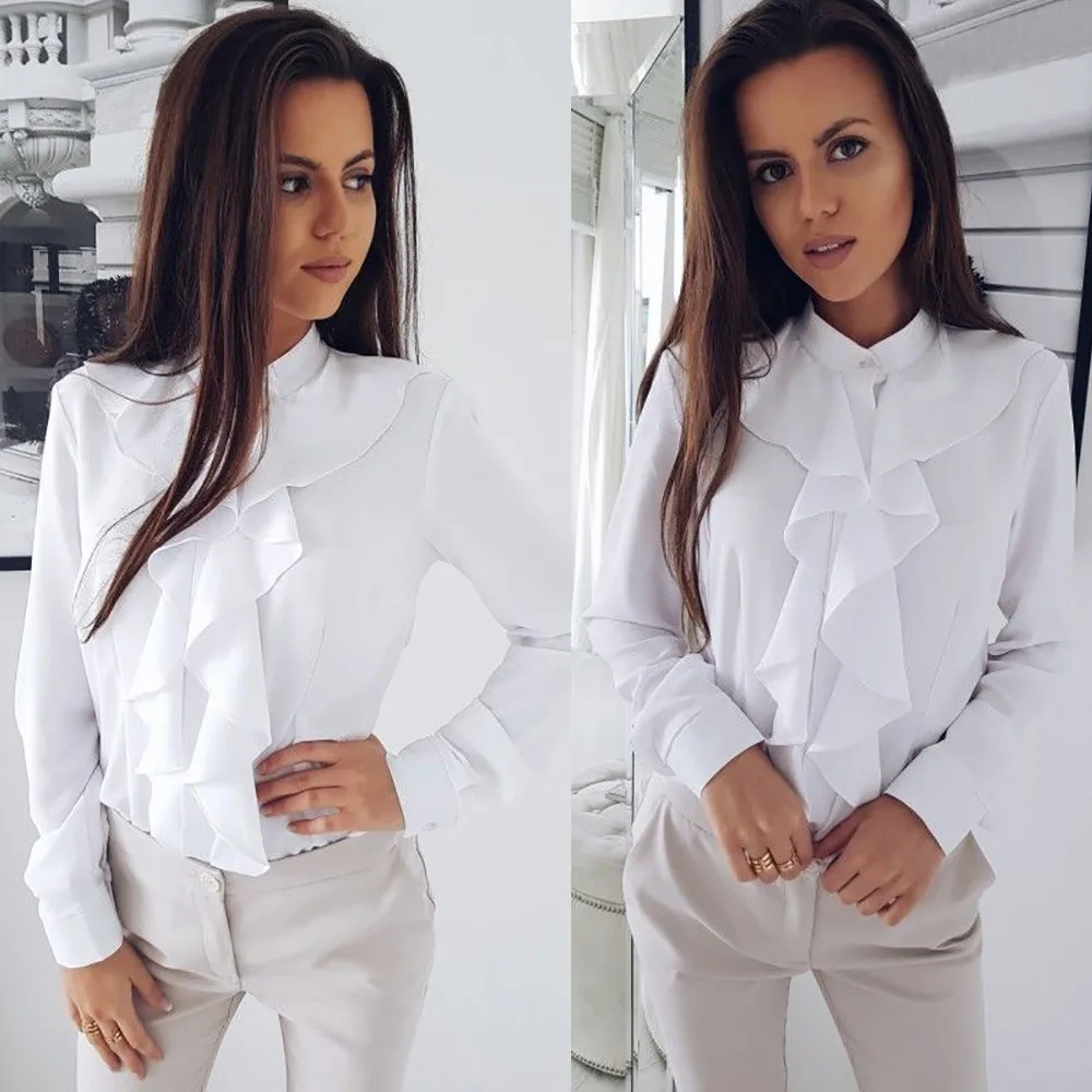 Fashion Women Long Sleeve Blouse Ruffle Front Shirt Ladies Office Tops Stand Collar Solid Plus Size blusas mujer de moda 2020
Fashion Women Long Sleeve Blouse Ruffle Front Shirt Ladies Office Tops Stand Collar Solid Plus Size blusas mujer de moda 2020