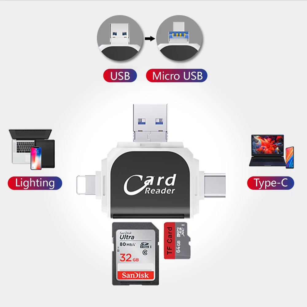 OTG кардридер многофункциональный 4 в 1 otg TF для камеры SD iphone 12/12mini/11/X/8/7 7s 6 6s |