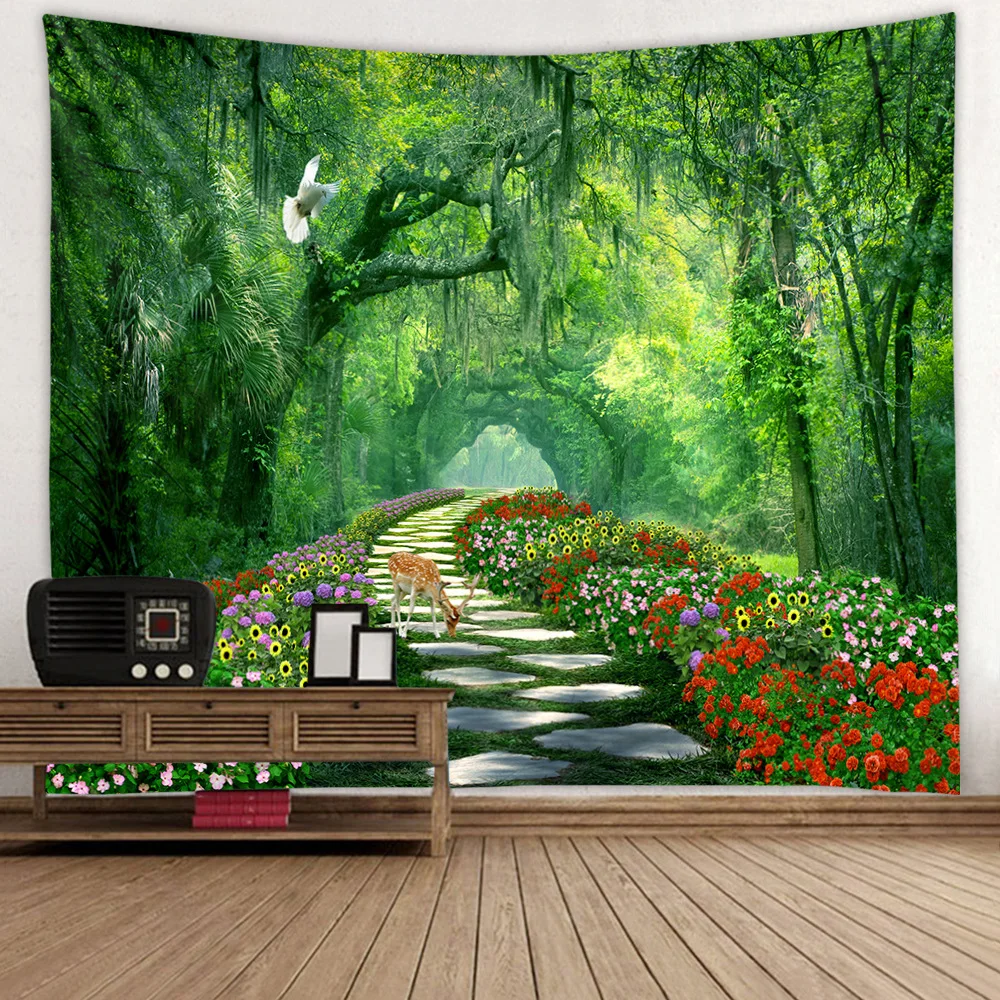 

Green Forest Elk Natural Landscape Tapestry Hippie Boho Room Decor Country Road Scenic Wall Carpet Blanket Camping Mat Bedspread