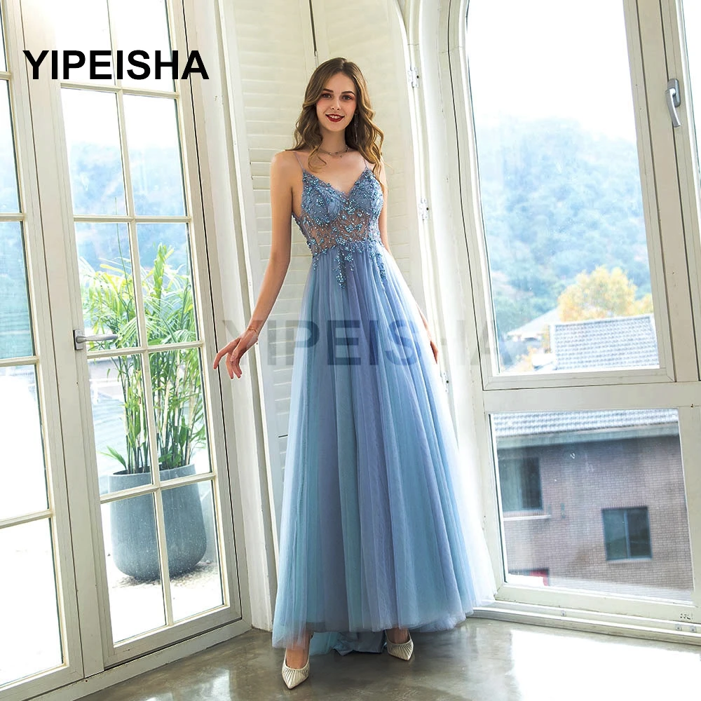 Sexy Sky Blue Long Evening Dresses Straps Spaghetti Tulle Crystals Beaded Backless Formal Prom Gown Custom Made robes de soirée
Sexy Sky Blue Long Evening Dresses Straps Spaghetti Tulle Crystals Beaded Backless Formal Prom Gown Custom Made robes de soirée