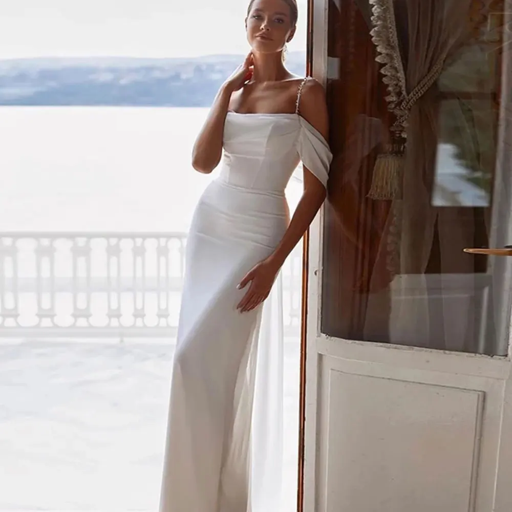 

White Wedding Dress 2022 For Women Simple Soft Satin Sheath Beach Wedding Dress Spaghetti Straps Beads Cape Slit Lace Up Backles