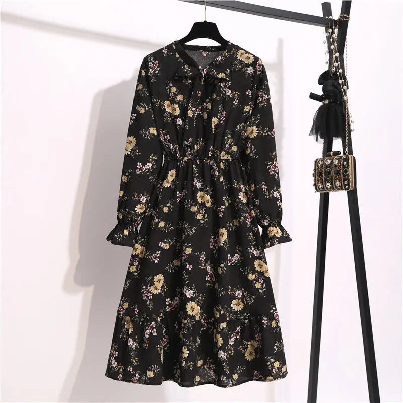 2020 autumn new floral dress long sleeve bow collar slim mid length skirt