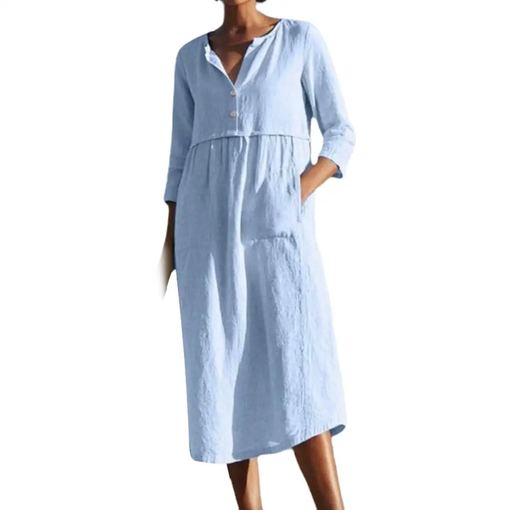 

Платье женское однотонное на пуговицах, свободное миди-платье из хлопка и льна, с рукавом до локтя и карманами, летнее