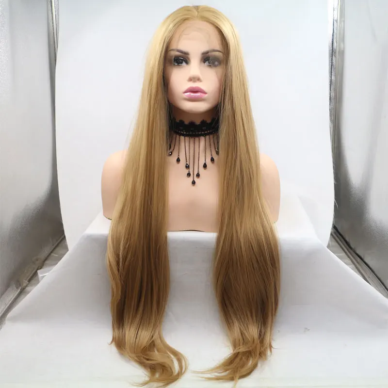 Long Straight Blonde Synthetic Lace Front Wig Heat Resistant Fiber Natural Hairline Middle Parting Hair For Fashion Women Wigs | Шиньоны и