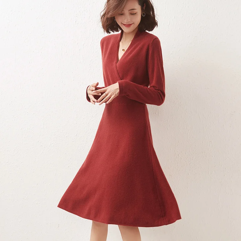 Sparsil Cross V-Neck Wool Knitted Sweater Dress Women Elegant Solid Pullovers Winter Slim Sweaters Fashion New A-line Dresses
Sparsil Cross V-Neck Wool Knitted Sweater Dress Women Elegant Solid Pullovers Winter Slim Sweaters Fashion New A-line Dresses