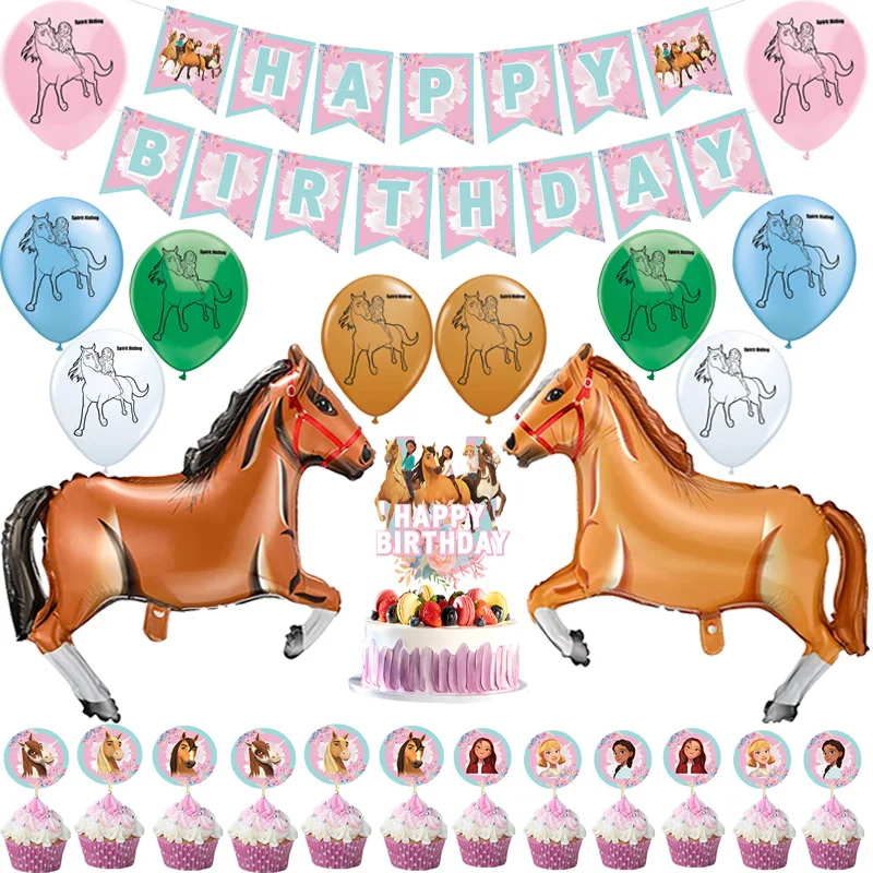 Spirit Riding Horse Balloons Pink Baby Girl Happy Birthday Banner Flag Cartoon Forest Farm Party Supplies Decoration Cake Topper | Дом и сад