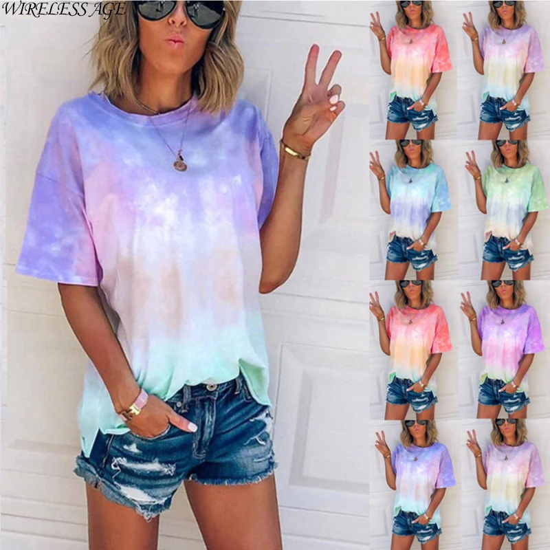 WIRELESS AGE T Shirt Women Round Neck Short Sleeve Gradient Print Loose Simple Casual Women's Tops Summer New Fashion Wild
WIRELESS AGE T Shirt Women Round Neck Short Sleeve Gradient Print Loose Simple Casual Women's Tops Summer New Fashion Wild
