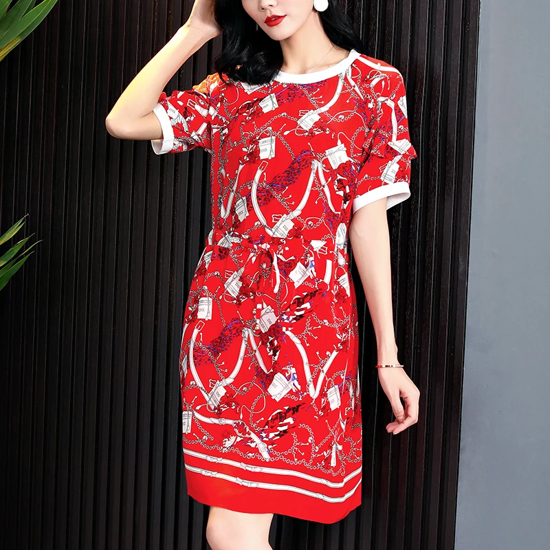 2022 Summer Women Casual Dresses 100% Natural Silk Elegant O-neck Short Sleeve Lady Printed A-line Red Pure Real Silk Dress
2022 Summer Women Casual Dresses 100% Natural Silk Elegant O-neck Short Sleeve Lady Printed A-line Red Pure Real Silk Dress
