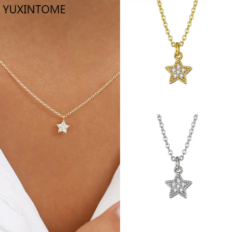 

925 Sterling Silver Chain Star Choker Necklace Pave Crystal Five-pointed Star Necklace for Women Jewelry Collana Bijoux Collier