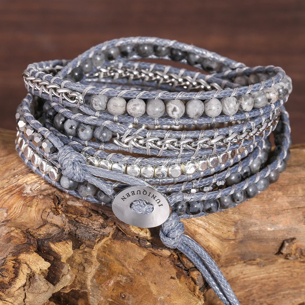 Natural Labradorite Bead 5 Wraps Bracelet Handmade Grey Wax Rope Boho Stainless Steel Chain Woven Adjustable Statement Bracelet
Natural Labradorite Bead 5 Wraps Bracelet Handmade Grey Wax Rope Boho Stainless Steel Chain Woven Adjustable Statement Bracelet