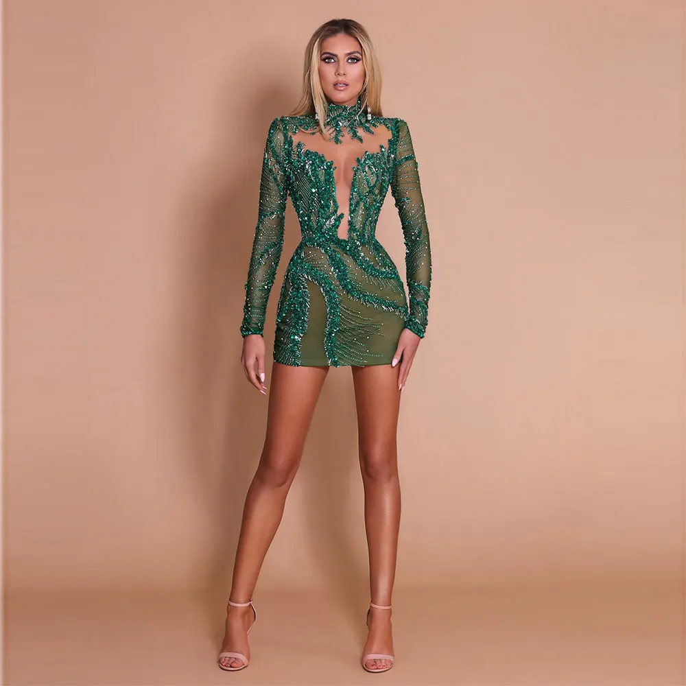 Green Sexy High Neck Evening Dresses Sheer Beading Long Sleeves Sequined Short Prom Gowns Appliques Celebrity Vestidos De Fiesta
Green Sexy High Neck Evening Dresses Sheer Beading Long Sleeves Sequined Short Prom Gowns Appliques Celebrity Vestidos De Fiesta