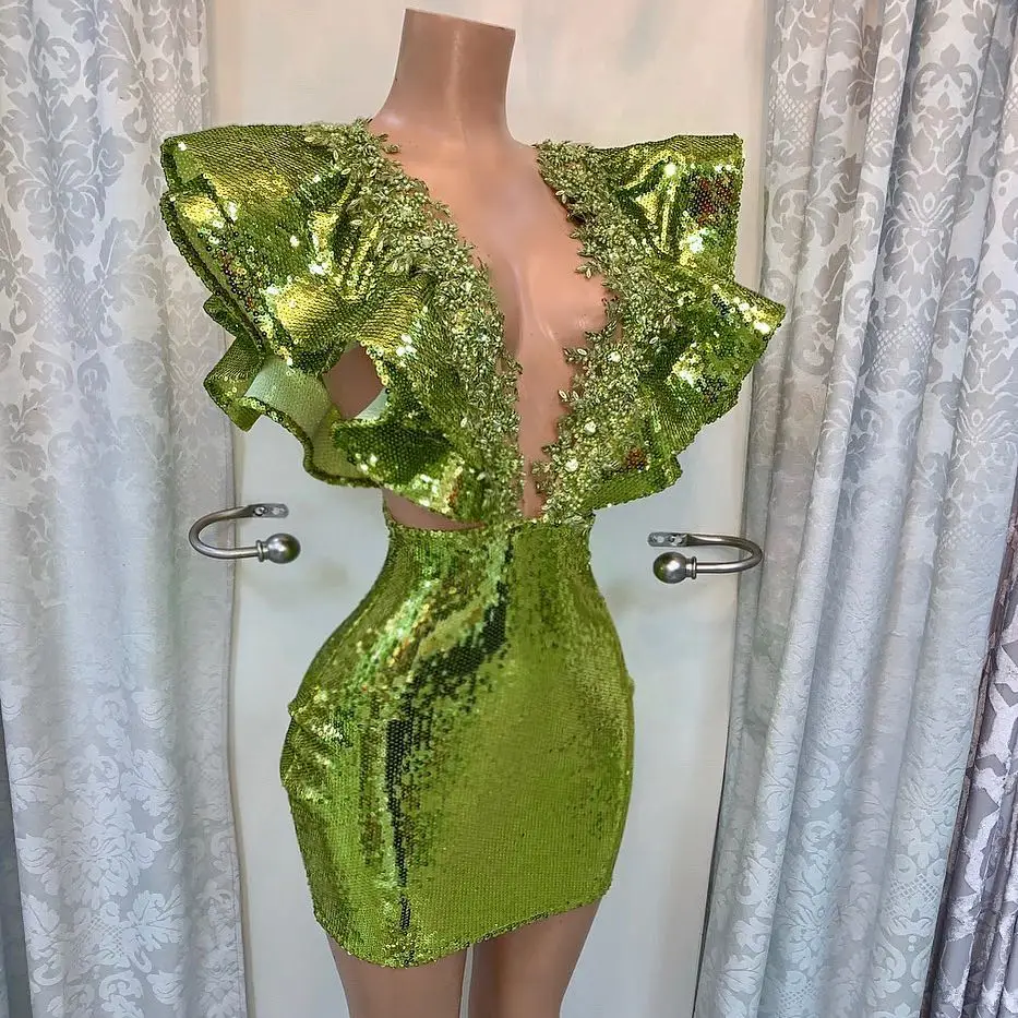 Green Sequined Prom Gowns Short Beaded Deep V-Neck Duabi Party Night Dresses Women Custom Made Designed robe de soiree
Green Sequined Prom Gowns Short Beaded Deep V-Neck Duabi Party Night Dresses Women Custom Made Designed robe de soiree