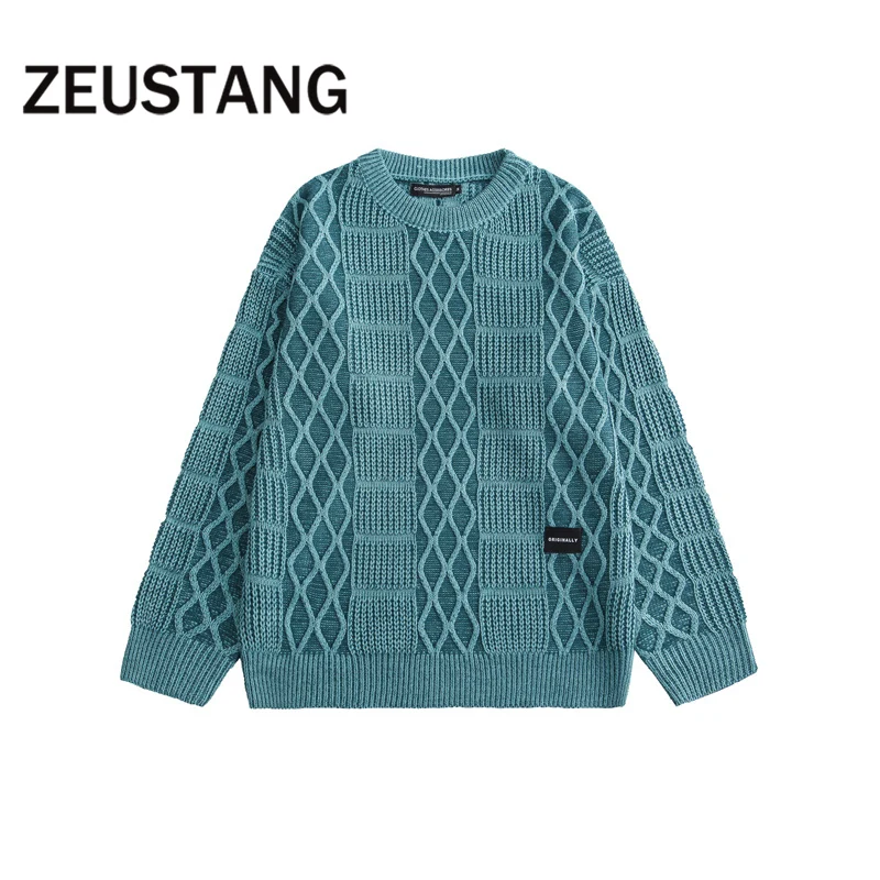 

Zeustang Streetwear Fashion Harajuku Sweaters Knitted Argyle Pullover Sweater Hip Hop O Neck Casual Loose Outerwear Tops