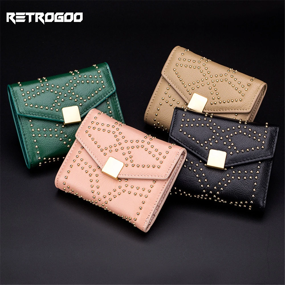 RETROGOO New Women Small Wallet Female Genuine Leather Bifold Short Purse Fashion Rivet Brand Design Wallet Ladies Money Bag
RETROGOO New Women Small Wallet Female Genuine Leather Bifold Short Purse Fashion Rivet Brand Design Wallet Ladies Money Bag