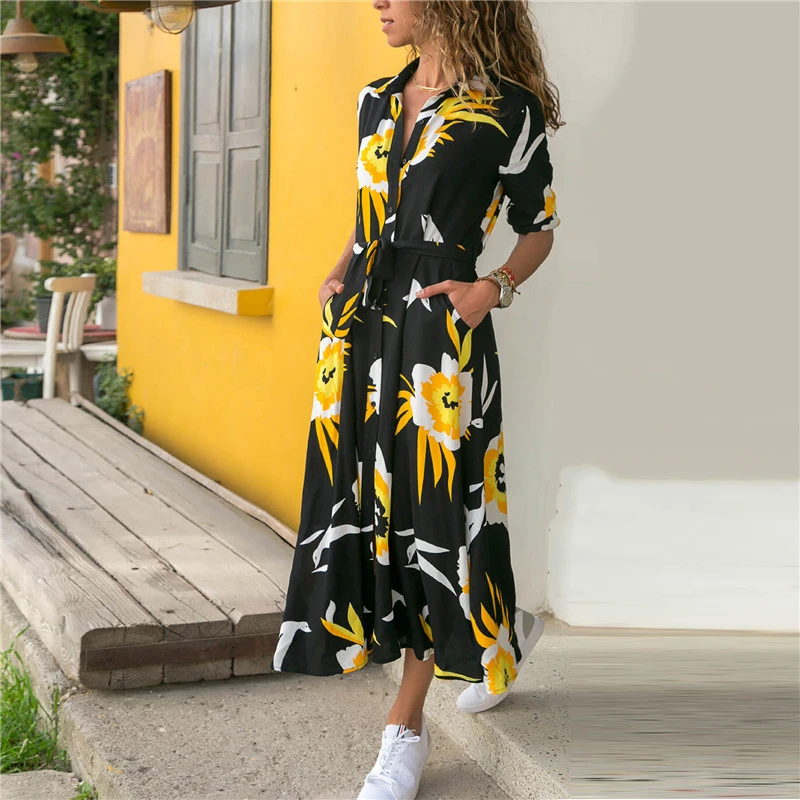 2020 Summer New V-collar Long Dress Women Floral Print Boho Dress Long Sleeve Turn Down Collar Shirt Dress Ladies Casual Dresses
2020 Summer New V-collar Long Dress Women Floral Print Boho Dress Long Sleeve Turn Down Collar Shirt Dress Ladies Casual Dresses