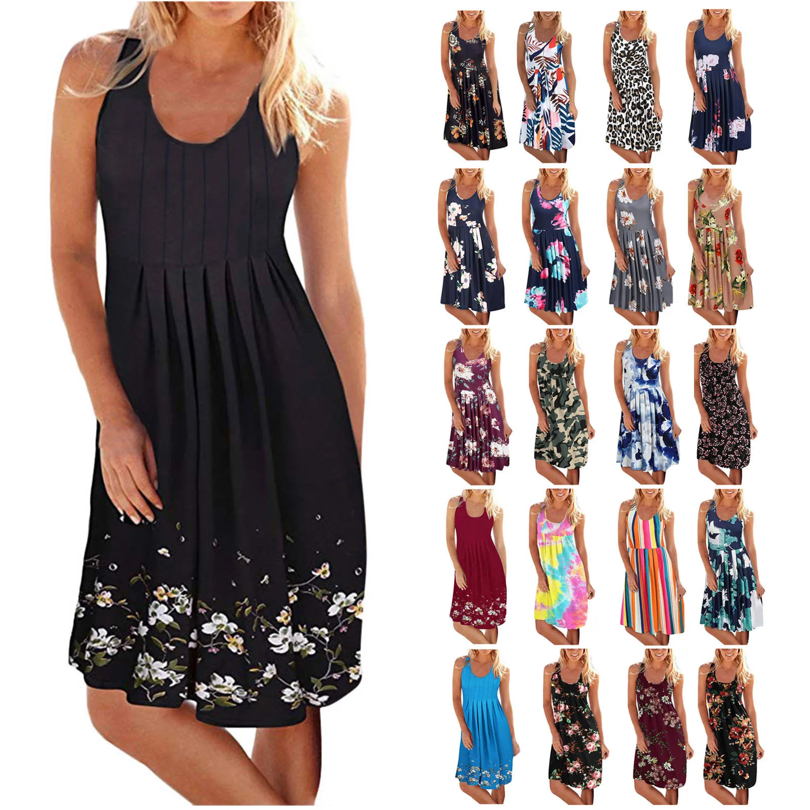 Women Summer Dresses For Female Party Women O-neck Sleeveless Evening Print Beach Dress Short Dress ropa mujer