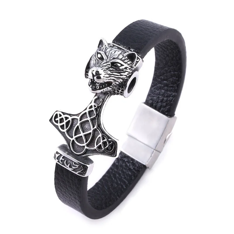 Odin Symbol Wolf Head Stainless Steel Thor Hammer Leather Cuff Viking Bracelet Magnetic Bangle Vikings Accessories Decoracion
Odin Symbol Wolf Head Stainless Steel Thor Hammer Leather Cuff Viking Bracelet Magnetic Bangle Vikings Accessories Decoracion