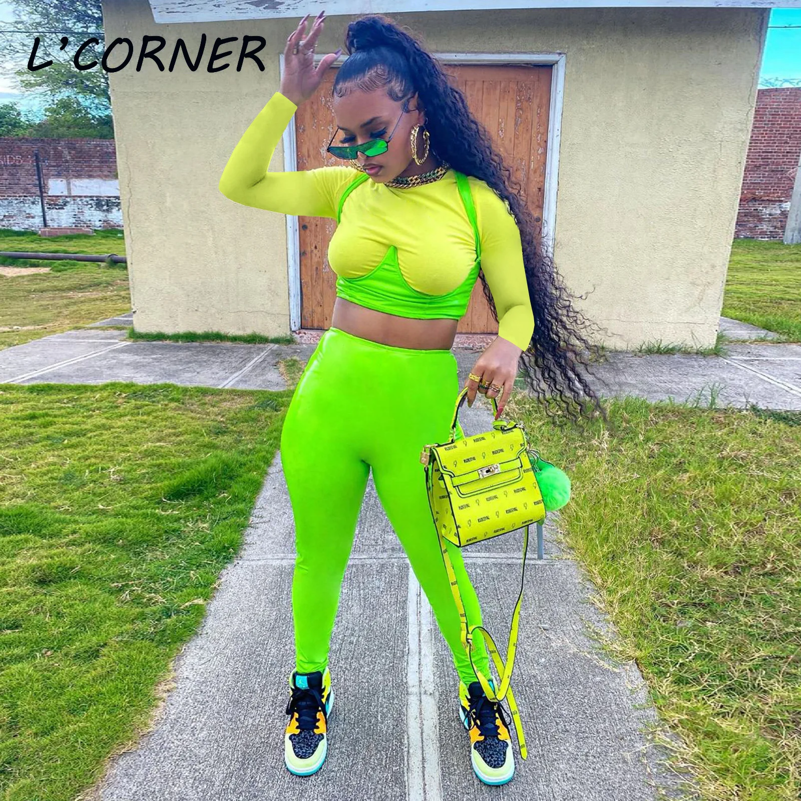 

Neon Green Women Tracksuit Backless Long Sleeve Crop Top Legging Pants Outfits Two Piece Set Sportsuit Fitness Matching Set