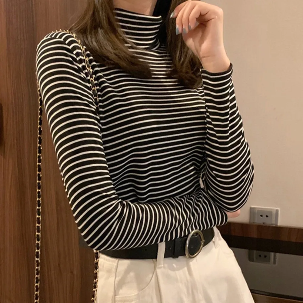 Women Slim T-Shirt High Collar Striped Print Long Sleeve Casual T-Shirt Top Pullovers Stripes T-shirts Bottoming Shirts
Women Slim T-Shirt High Collar Striped Print Long Sleeve Casual T-Shirt Top Pullovers Stripes T-shirts Bottoming Shirts