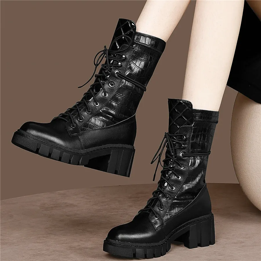 Platform Pumps Shoes Women Lace Up Genuine Leather Chunky High Heels Motorcycle Boots Female High Top Round Toe Punk Creepers
Platform Pumps Shoes Women Lace Up Genuine Leather Chunky High Heels Motorcycle Boots Female High Top Round Toe Punk Creepers