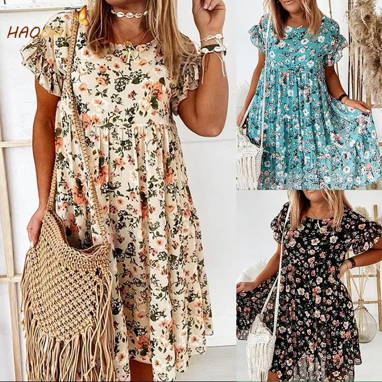 

Women's Dress Neck Dress 2021hot Loose round Short Printed Summer Sleeve HAOOHU Elegant