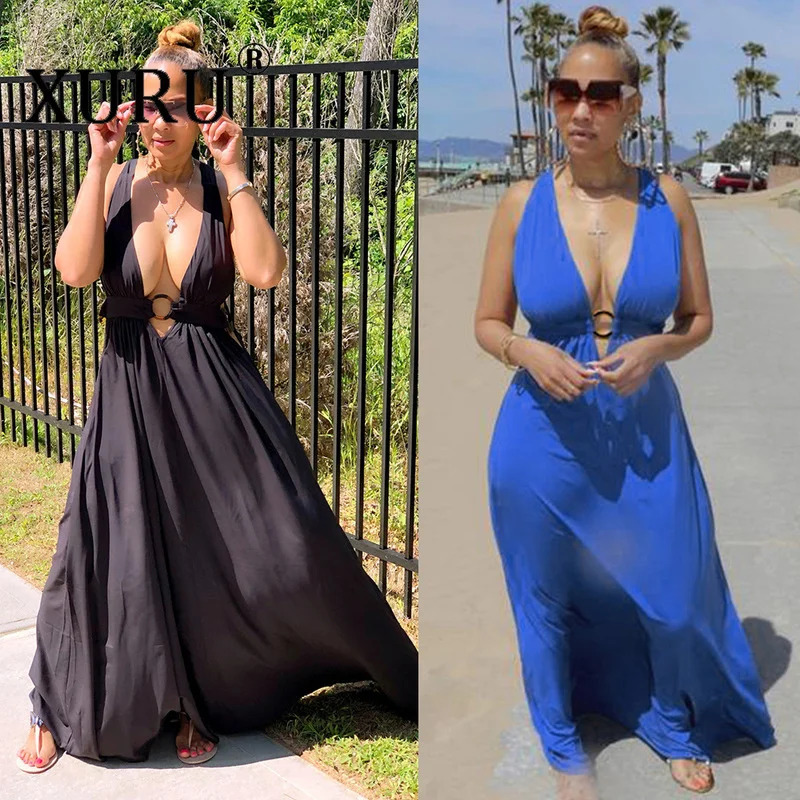 XURU European and American Sexy Women's Dress Loose Tie Deep V Open Back Dress Black Blue Big Swing Dress
XURU European and American Sexy Women's Dress Loose Tie Deep V Open Back Dress Black Blue Big Swing Dress