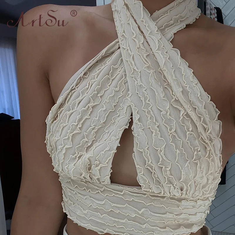 Арцу Chic Ruched сексуальный крест-накрест с лямкой на шее укороченный Топ для женщин