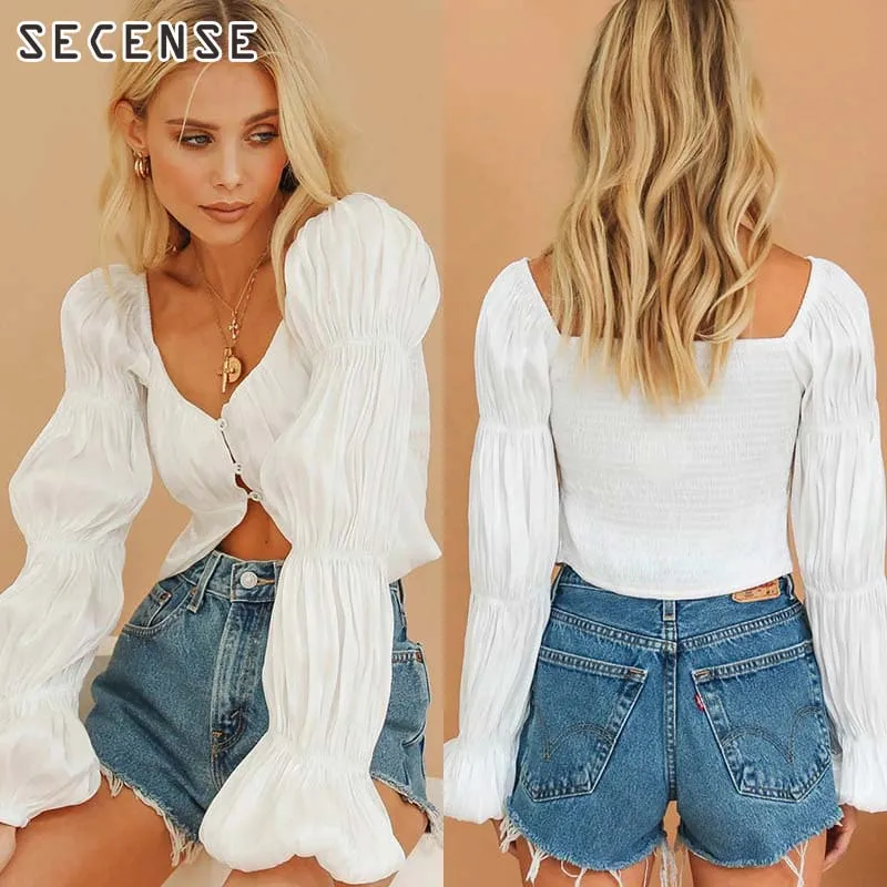 Women Lantern Sleeve Ruched Top Folded Single Breasted Button Blouse Long Sleeve Shirt White Off Shoulder T-Shirt Elegant Top Fa
Women Lantern Sleeve Ruched Top Folded Single Breasted Button Blouse Long Sleeve Shirt White Off Shoulder T-Shirt Elegant Top Fa