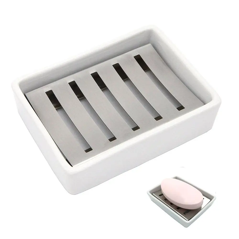 Ceramic Soap Dish, Stainless Steel Soap Holder for Bathroom, Tub and Kitchen Sink Double Layer Draining Soap Box 
Ceramic Soap Dish, Stainless Steel Soap Holder for Bathroom, Tub and Kitchen Sink Double Layer Draining Soap Box