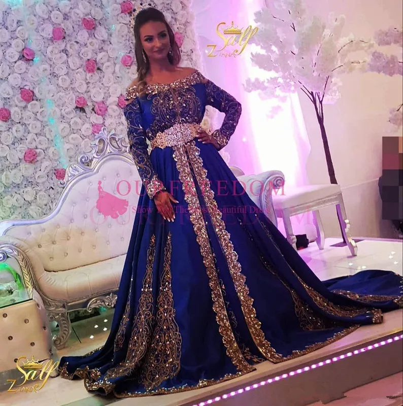 2020 Off The Shoulder Royal Blue Long Sleeve Dresses Party Evening Wear Pakistani Arabic Gold Applique Embroidery Prom Dress
2020 Off The Shoulder Royal Blue Long Sleeve Dresses Party Evening Wear Pakistani Arabic Gold Applique Embroidery Prom Dress