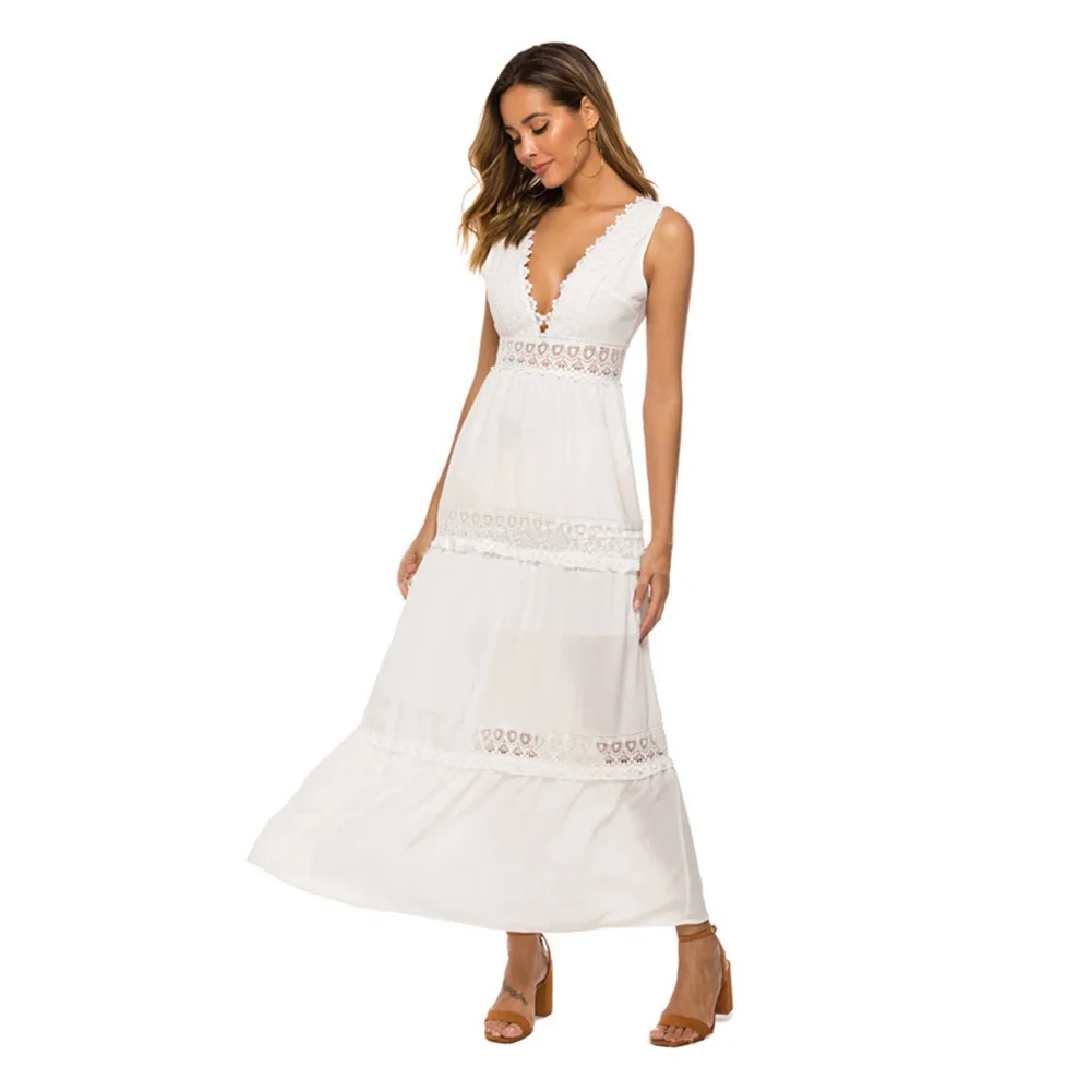 Summer Women Dress Deep V-neck Sexy Lace Swing Dress Lady White Sleeveless Chiffon Backless Dress Boho Vacation Long Dresses
Summer Women Dress Deep V-neck Sexy Lace Swing Dress Lady White Sleeveless Chiffon Backless Dress Boho Vacation Long Dresses