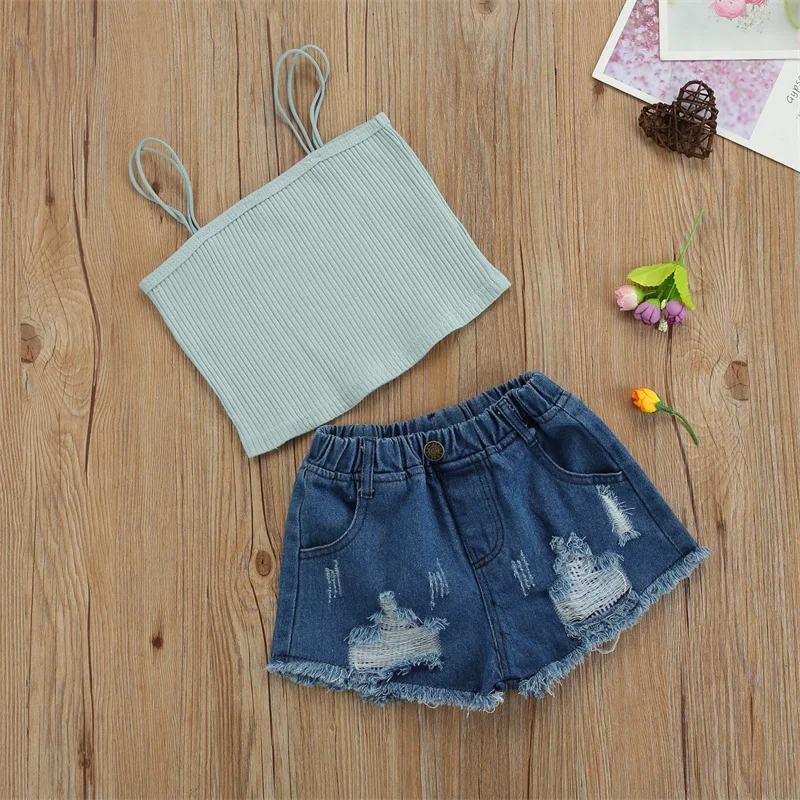 Toddler Girls 2Pcs Summer Clothes Set Sleeveless Rib Knit Strap Tops & Ripped Denim Shorts Set For 2-7Y Girl's Casual Outfits
Toddler Girls 2Pcs Summer Clothes Set Sleeveless Rib Knit Strap Tops & Ripped Denim Shorts Set For 2-7Y Girl's Casual Outfits