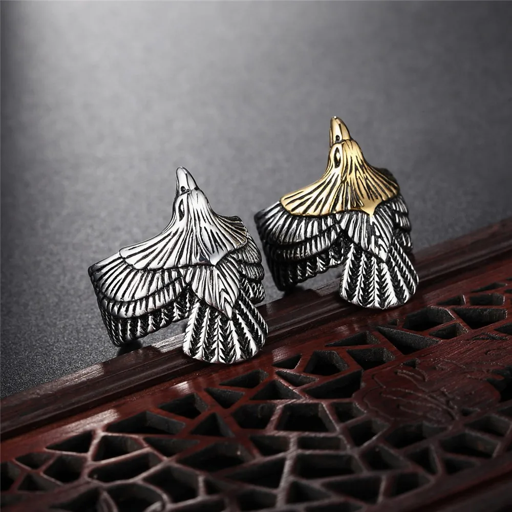 

Cool Punk Unique Vintage Flying Eagle Wing Animal Knight Opening Adjustable Ring for Male Party Wedding Engagement Jewelry