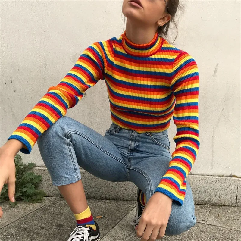 High Street Women Sweaters 2020 Autumn Long-sleeved Color Striped Slim Knit Sweater Women All-match Pullover Turtleneck Sweater
High Street Women Sweaters 2020 Autumn Long-sleeved Color Striped Slim Knit Sweater Women All-match Pullover Turtleneck Sweater