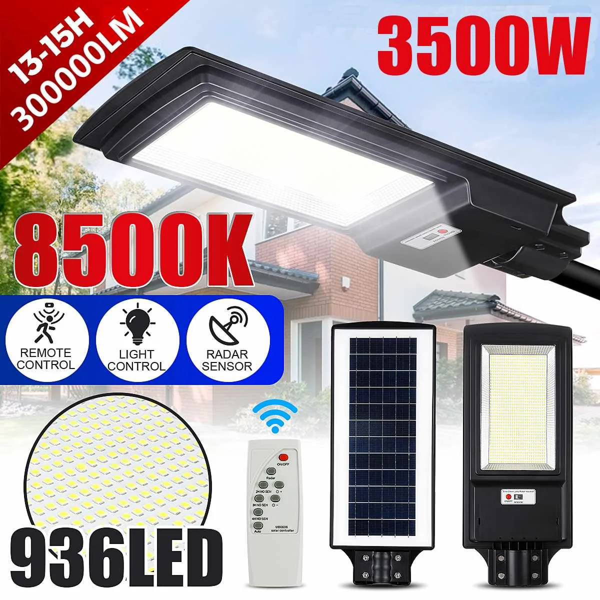 Уличный светильник на солнечной батарее, 3500 Вт, 936LED, IP65, водонепроницаемый, с дистанционным управлением, с датчиком движения
Уличный светильник на солнечной батарее, 3500 Вт, 936LED, IP65, водонепроницаемый, с дистанционным управлением, с датчиком движения
