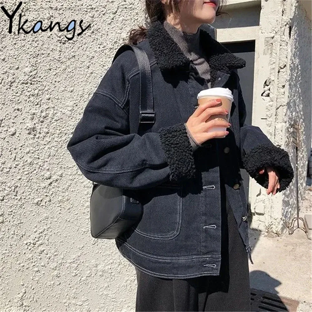 Faux Lambswool Lined Black Denim Jackets Single Breasted Autumn Winter Women Quilted Coat Harajuku Plus Velvet Thicken Clothing
Faux Lambswool Lined Black Denim Jackets Single Breasted Autumn Winter Women Quilted Coat Harajuku Plus Velvet Thicken Clothing