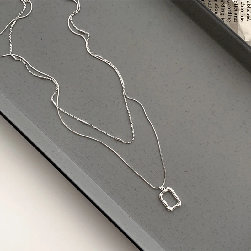 925 Sterling Silver Geometric Square Pendant Double Layer Necklace Simple Personality Clavicle Chain Ladies Exquisite Jewelry | Украшения и