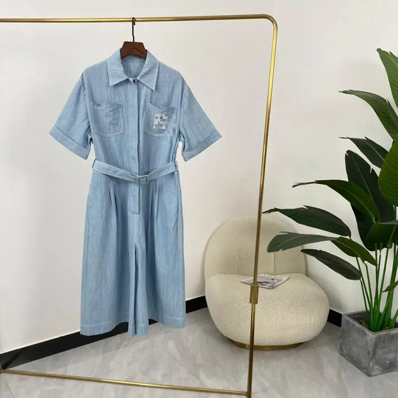 Fashion Cotton Denim Jumpsuit Women Letter Embroidery Sky Blue Half Sleeves Dress with Sashes 2021 Autumn High Quality
Fashion Cotton Denim Jumpsuit Women Letter Embroidery Sky Blue Half Sleeves Dress with Sashes 2021 Autumn High Quality
