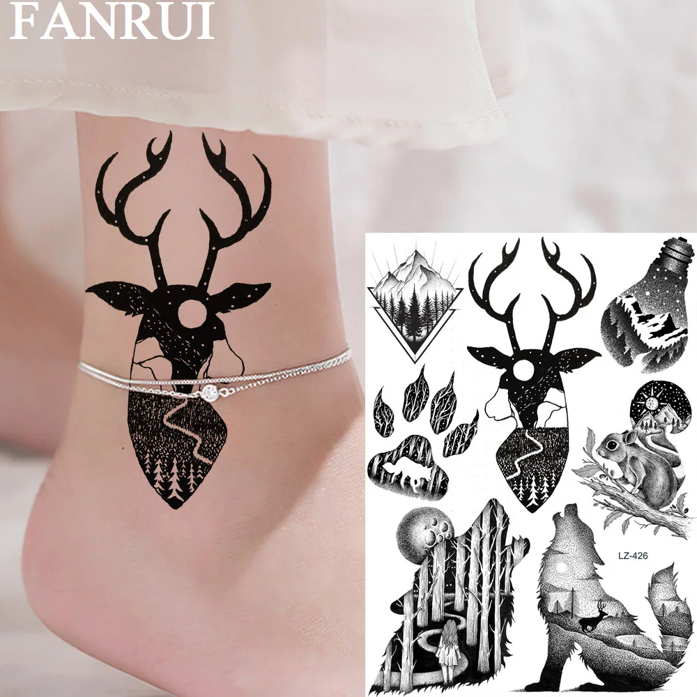 

FANRUI Elk Galaxy Star Mountain Temporary Tattoos Sticker Wolf Howl Forest Fake Tattoo For Women Men Custom Tatoos Black Art