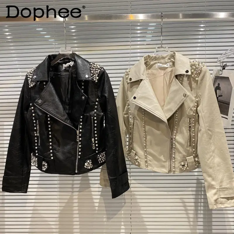 Pearl Beaded Zipper Punk Moto Leather Pu Jacket Outerwear Female Short Black Leather Coat 2021 Fall Winter Fashion Women Clothes
Pearl Beaded Zipper Punk Moto Leather Pu Jacket Outerwear Female Short Black Leather Coat 2021 Fall Winter Fashion Women Clothes