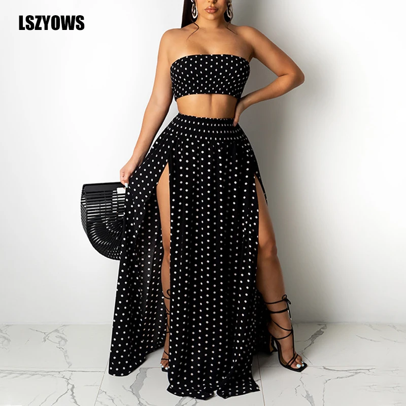 Women Sexy 2 Pieces Set Strapless Crop Top High Split Long Skirt Polka Dot Printed Two Piece Set Summer Boho Beach Party Outfits
Women Sexy 2 Pieces Set Strapless Crop Top High Split Long Skirt Polka Dot Printed Two Piece Set Summer Boho Beach Party Outfits