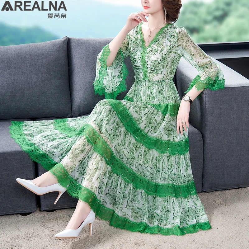 Women's Long Dress Summer Green Floral Silk Chiffon Print Patchwork Lace Ruffles sexy Dress Elegant V Neck lady dresses Vestidos
Women's Long Dress Summer Green Floral Silk Chiffon Print Patchwork Lace Ruffles sexy Dress Elegant V Neck lady dresses Vestidos