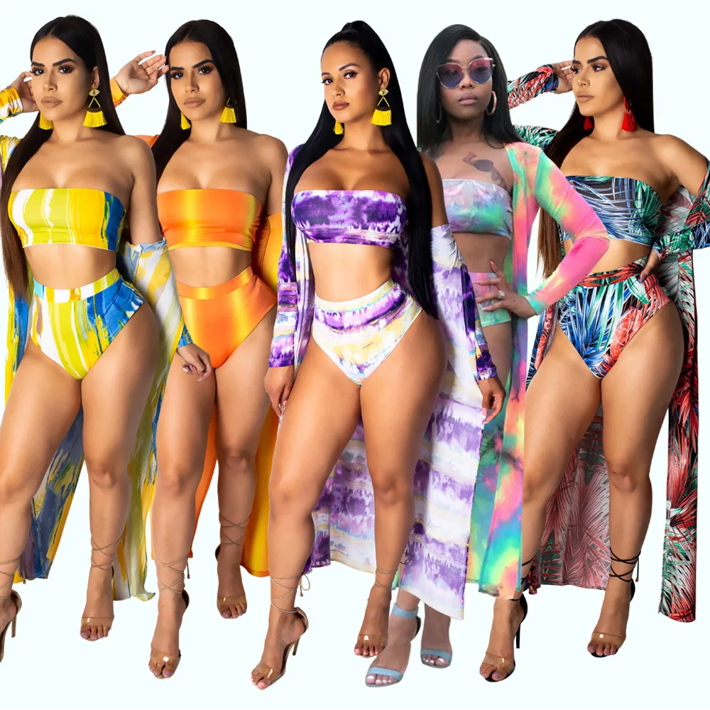 Sexy Tie Dye Print Swimwear Beach 3 Piece Set Women Strapless Crop Top & Elastic Waist Panties & Full Sleeve Long Outwear Cloak
Sexy Tie Dye Print Swimwear Beach 3 Piece Set Women Strapless Crop Top & Elastic Waist Panties & Full Sleeve Long Outwear Cloak