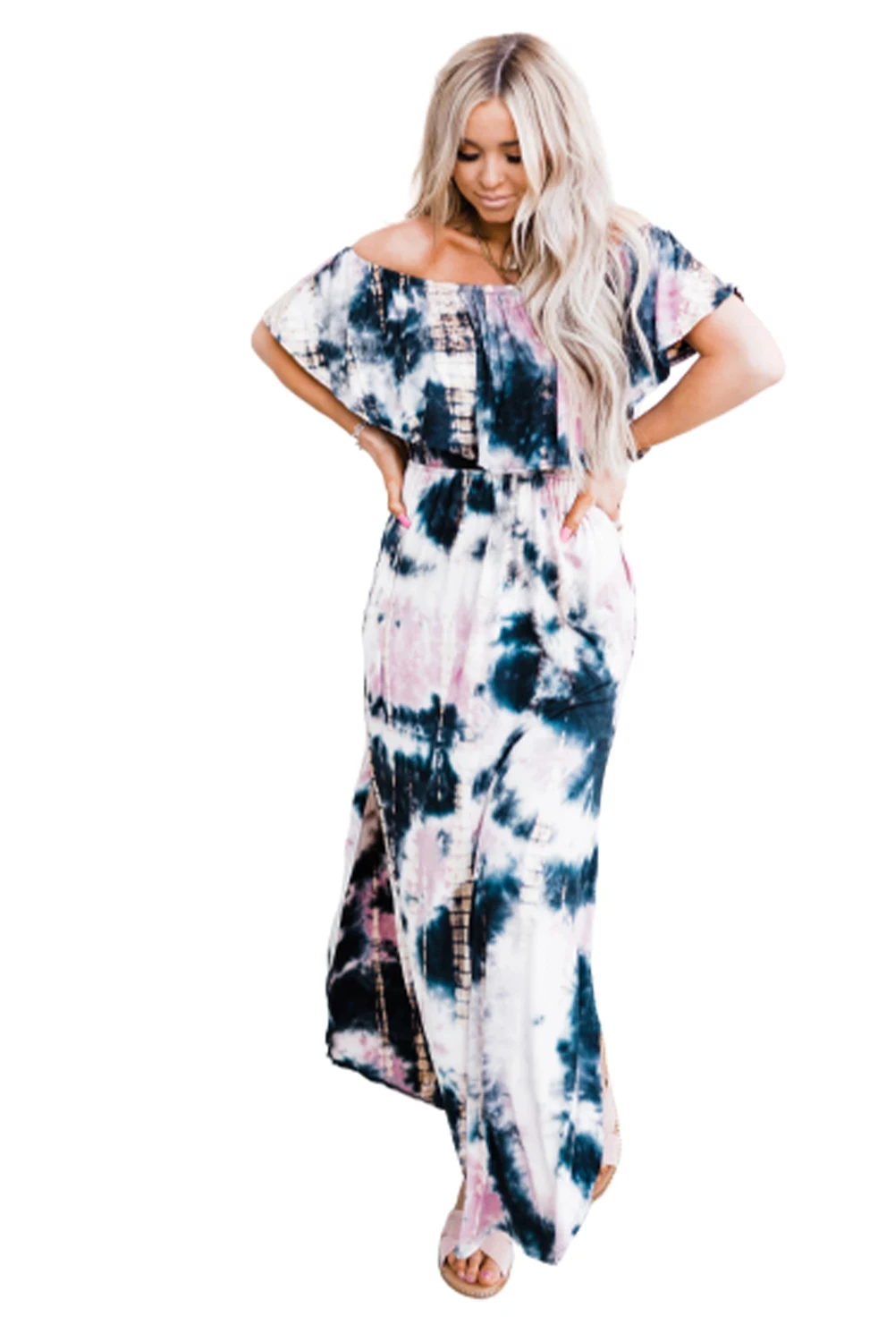 

Ruffle Off Shoulder Neckline Tie-dye Maxi Dress with Slits Women Fashion Summer Slash Neck Casual Long Maxi Dress