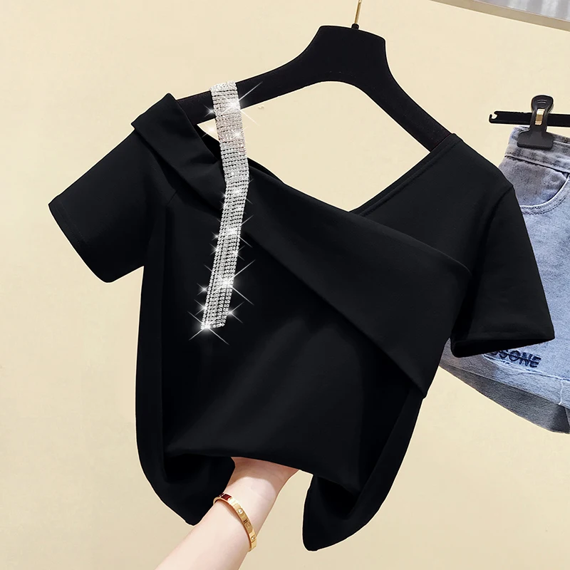 Ladies Harajuku One Shoulder Short Sleeve T-shirt 2022 Summer New Chic Fashion Clothes Black Sexy Diamond Short Sleeve t shirt 
Ladies Harajuku One Shoulder Short Sleeve T-shirt 2022 Summer New Chic Fashion Clothes Black Sexy Diamond Short Sleeve t shirt